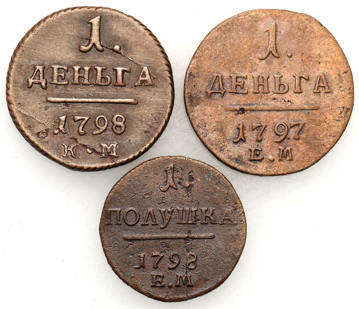 Rosja. Paweł I. Połuszka 1798, denga 1797, 1798, zestaw 3 monet - RZADKIE